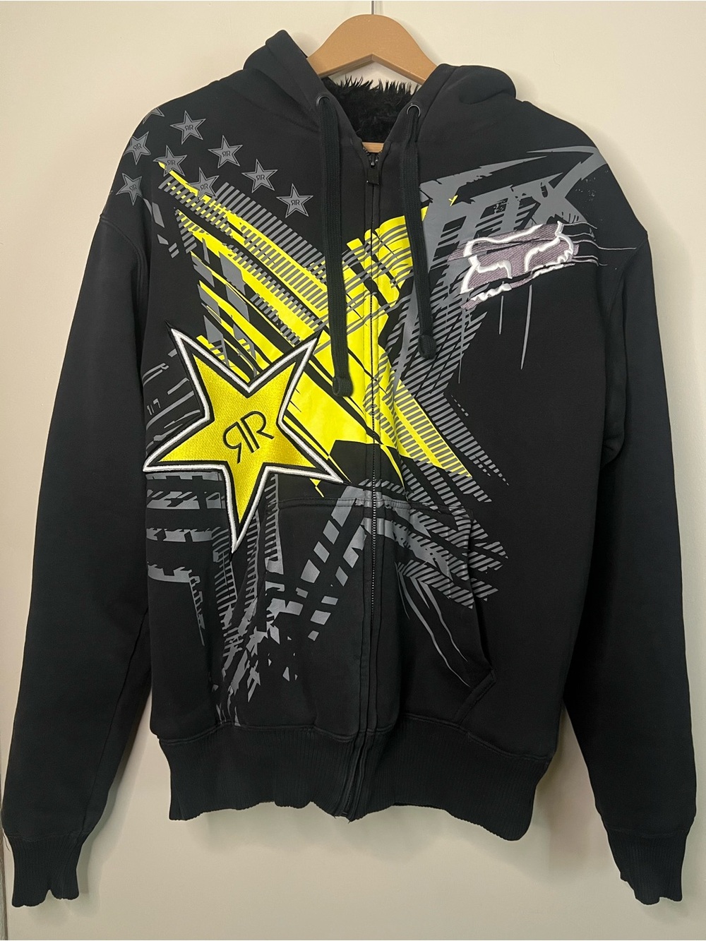 Vintage Y2K Fox Racing Rockstar Energy Sasquatch Full Zip Fur Lined Hoodie L